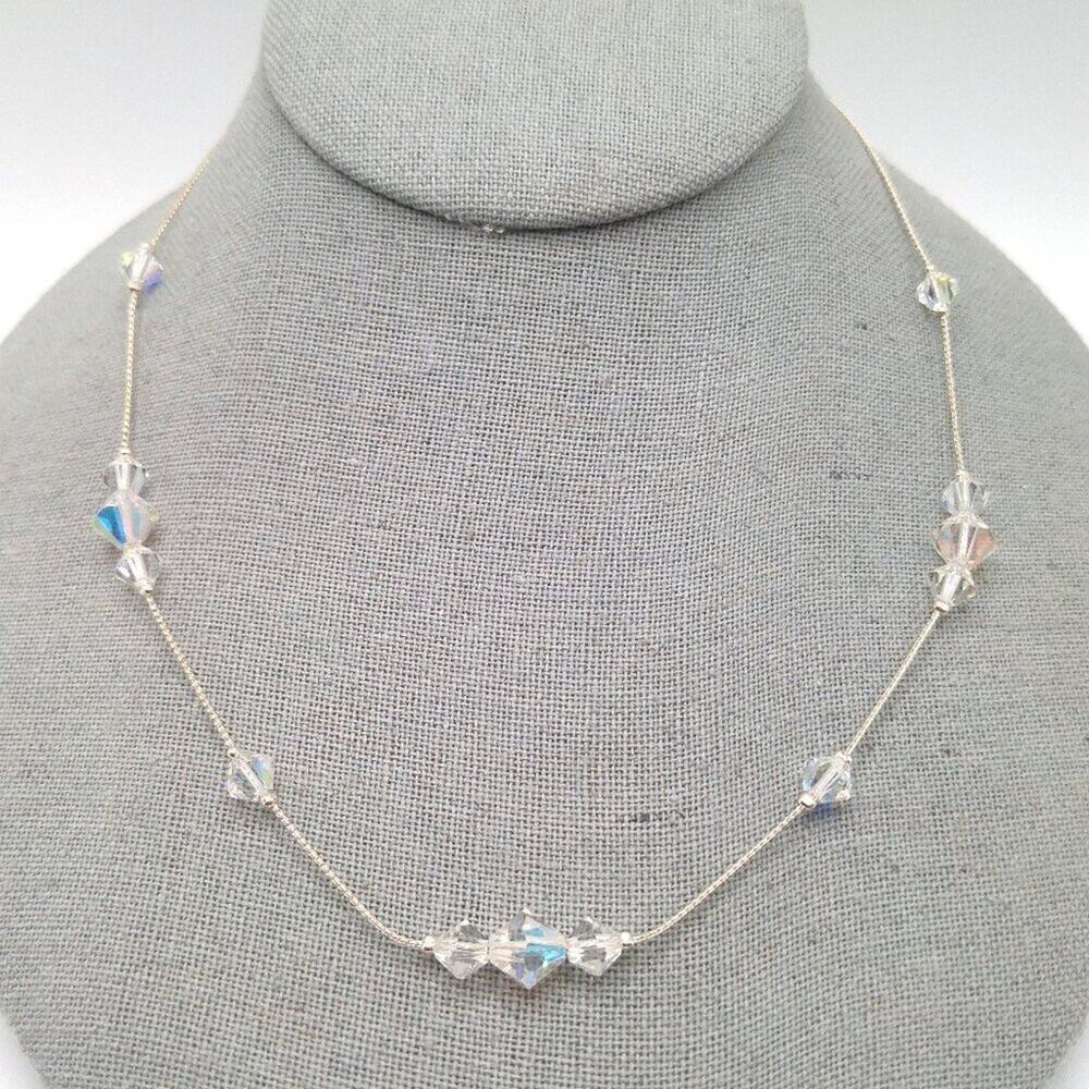 Aurora Borealis Crystal Bicone Bead Necklace, Rhodium Plated Chain, 19 Inches